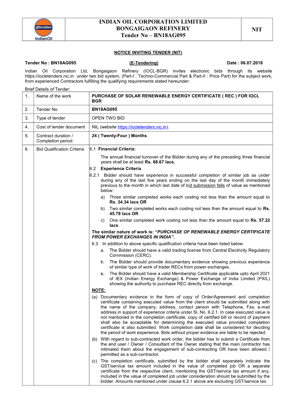 INDIAN OIL CORPORATION LIMITED BONGAIGAON REFINERY Tender