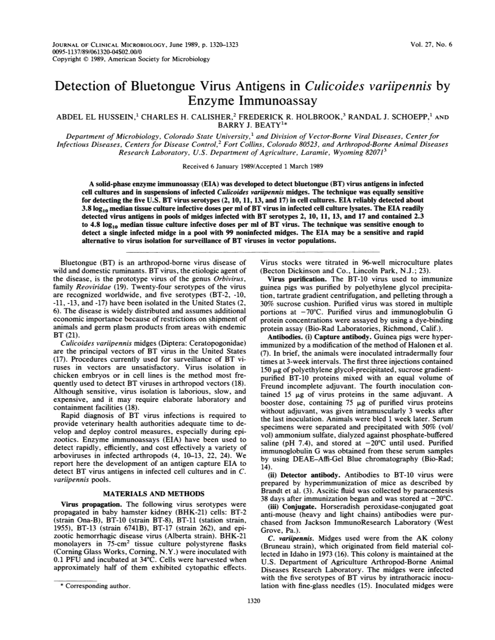 Detection of Bluetongue Virus Antigens in Culicoides Variipennis by Enzyme Immunoassay