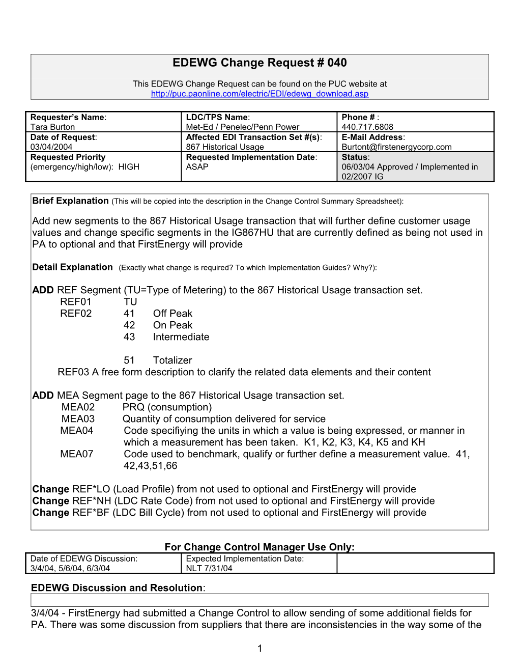 EDEWG Standards Change Request