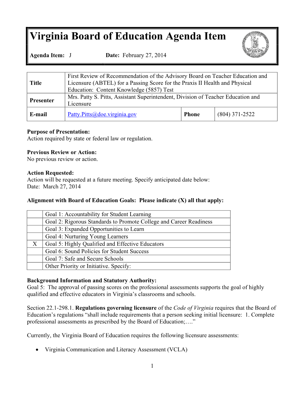 Virginia Board of Education Agenda Item