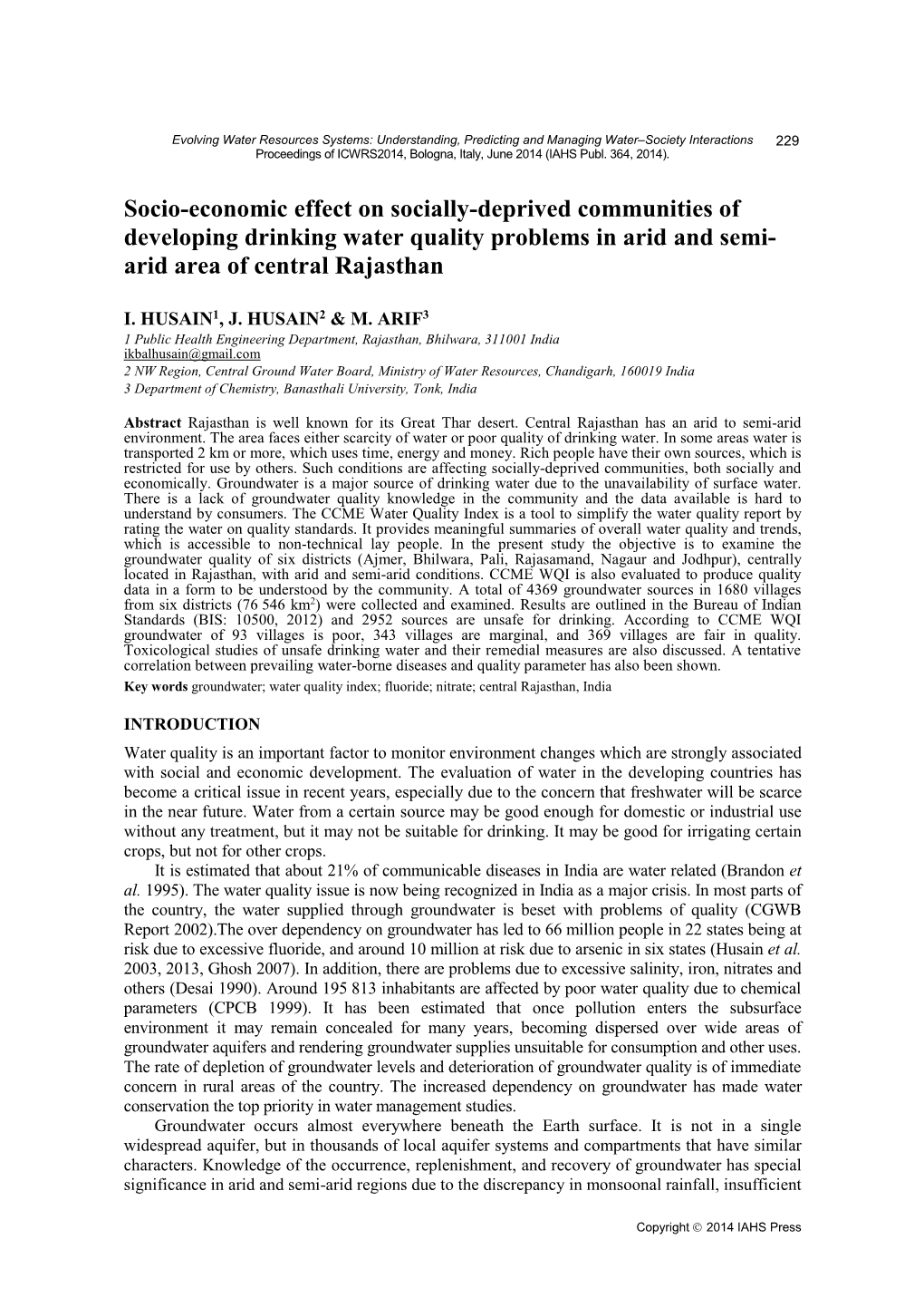 Socio-Economic Effect on Socially-Deprived Communities of Developing Drinking Water Quality Problems in Arid and Semi- Arid Area of Central Rajasthan