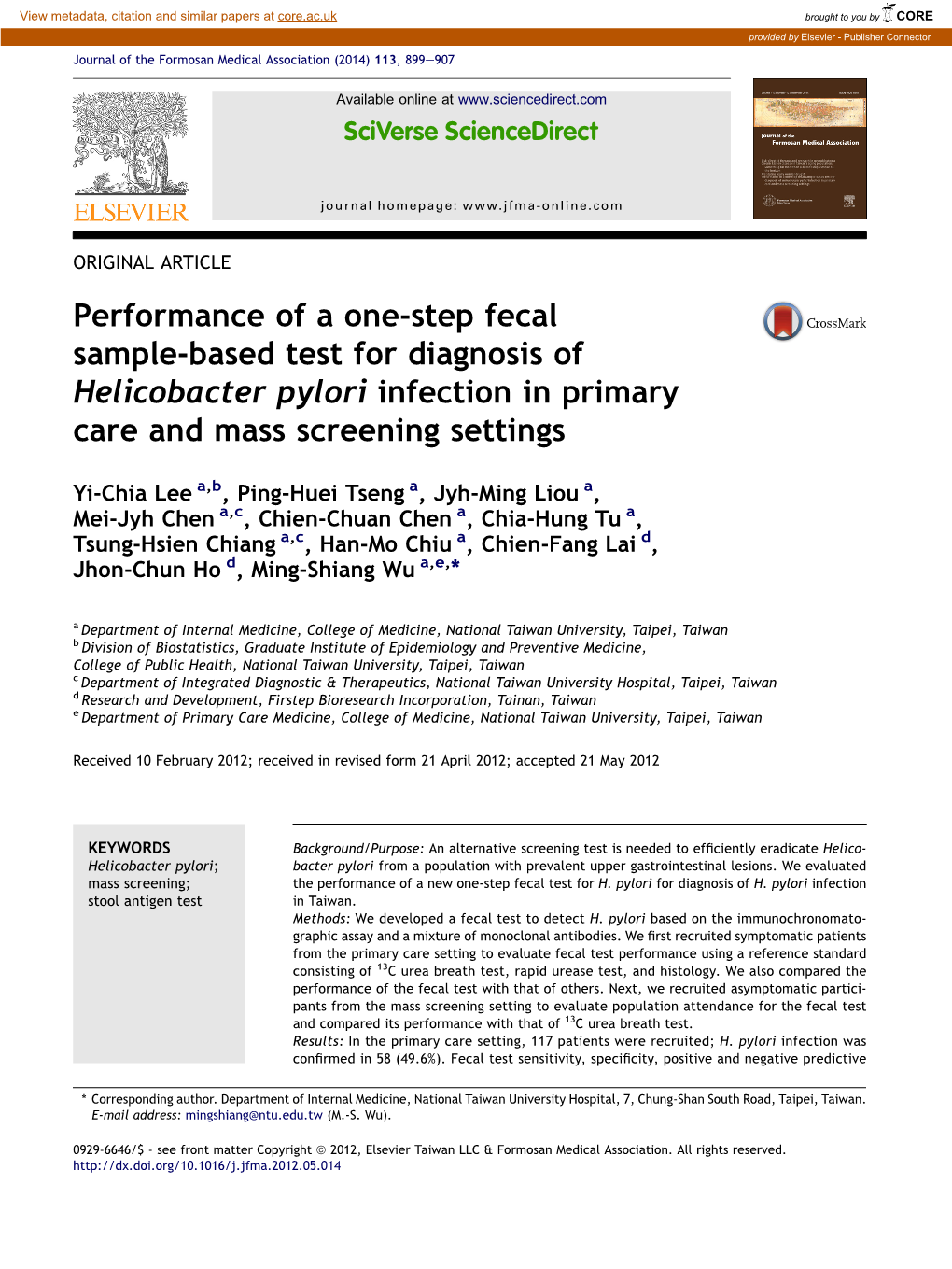 Performance of a One-Step Fecal Sample-Based Test for Diagnosis of Helicobacter Pylori Infection in Primary Care and Mass Screening Settings