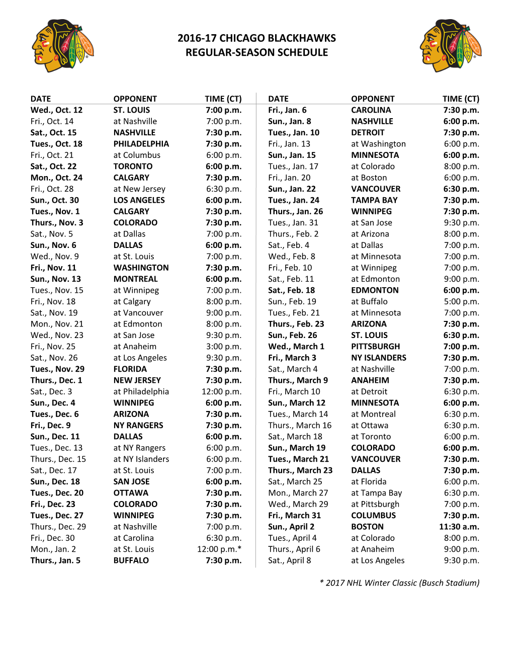 2016-17 Chicago Blackhawks Regular-Season Schedule