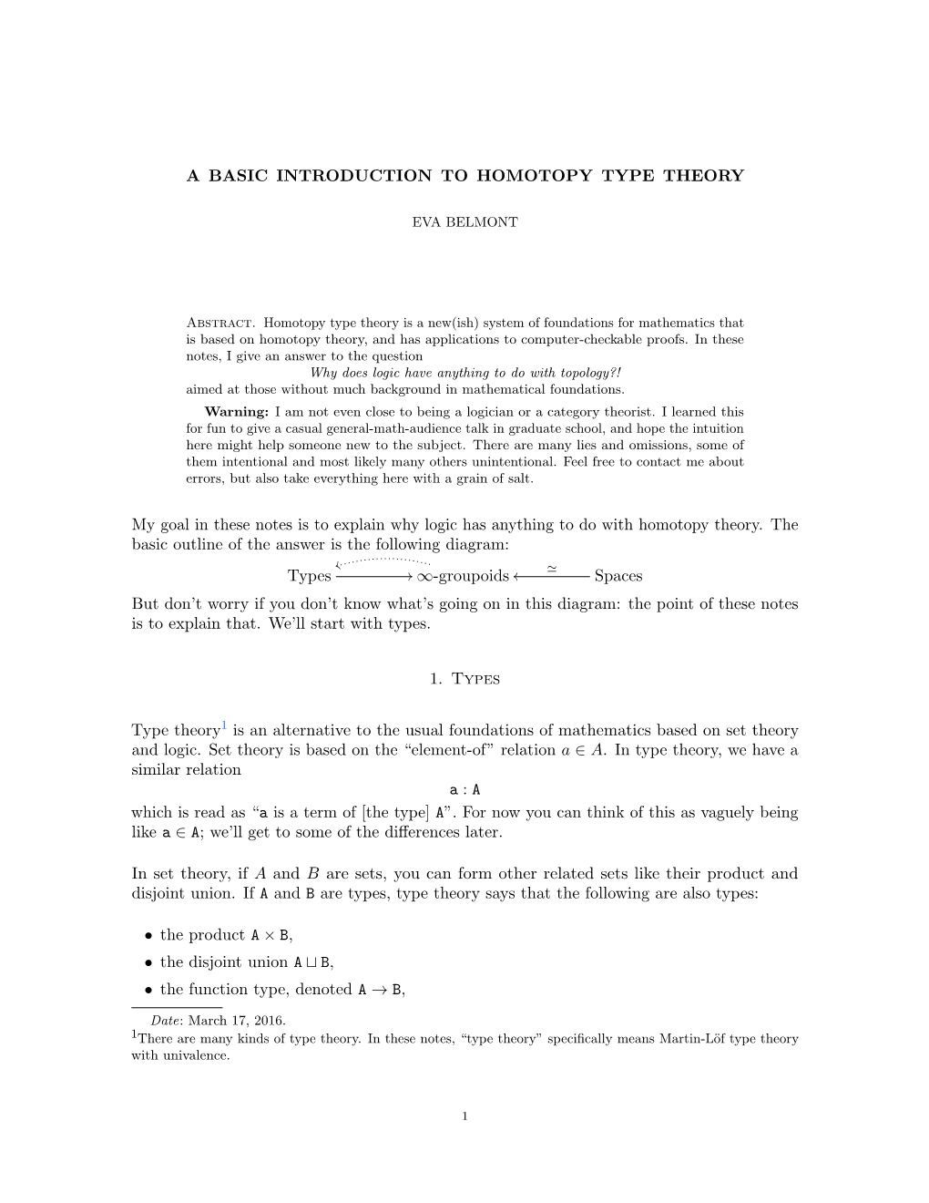 A BASIC INTRODUCTION to HOMOTOPY TYPE THEORY My