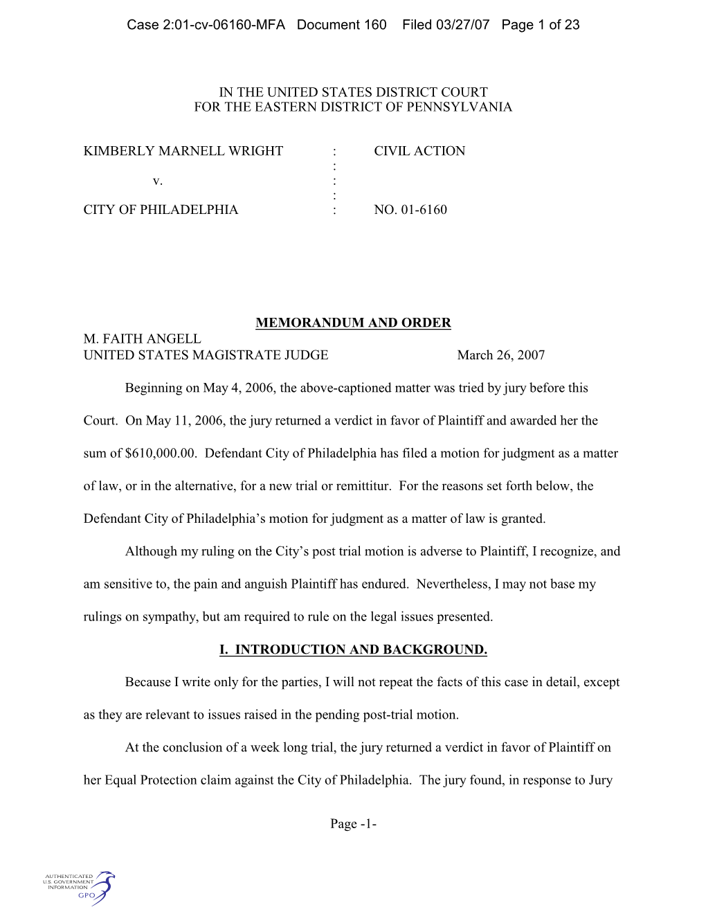 Case 2:01-Cv-06160-MFA Document 160 Filed 03/27/07 Page 1 of 23