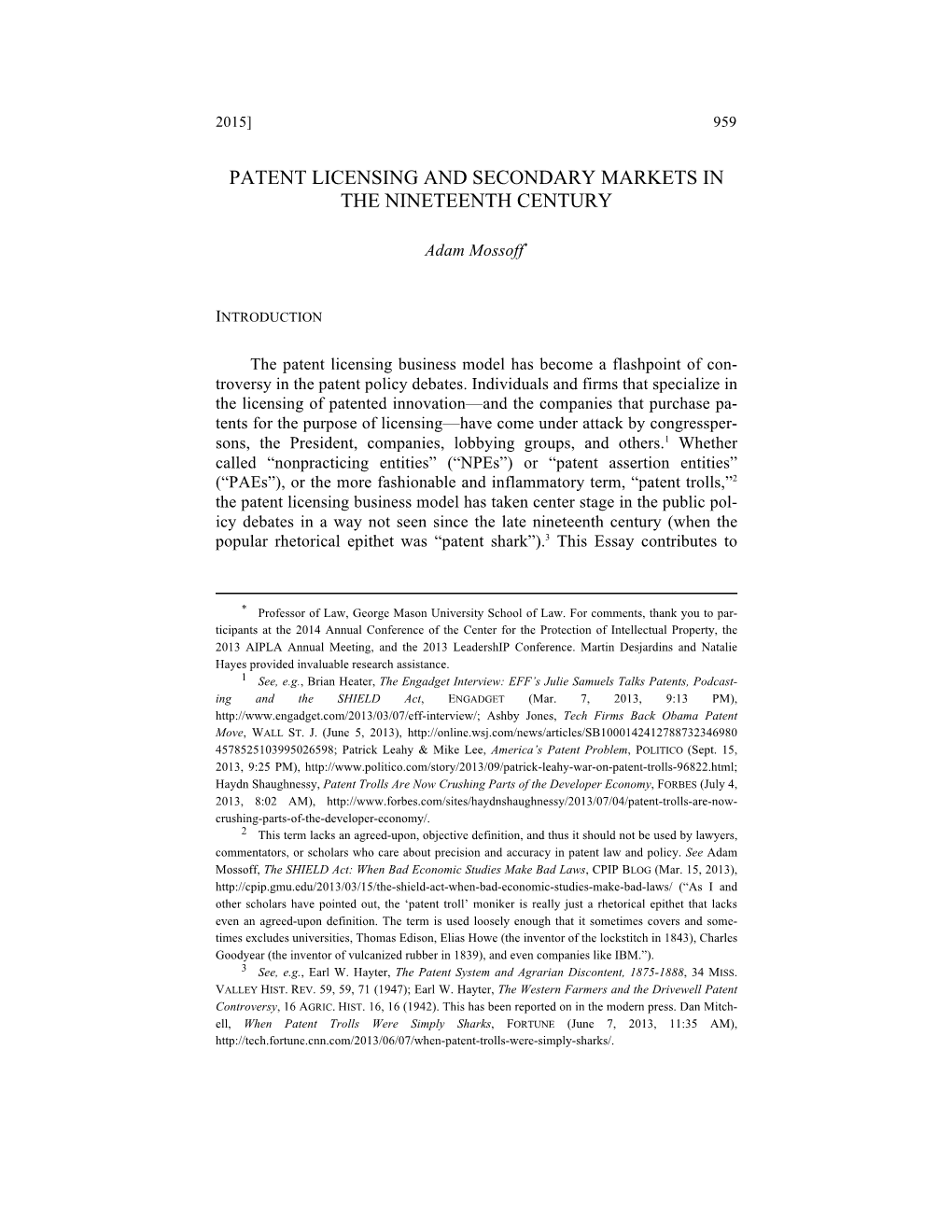 Patent Licensing and Secondary Markets in the Nineteenth Century