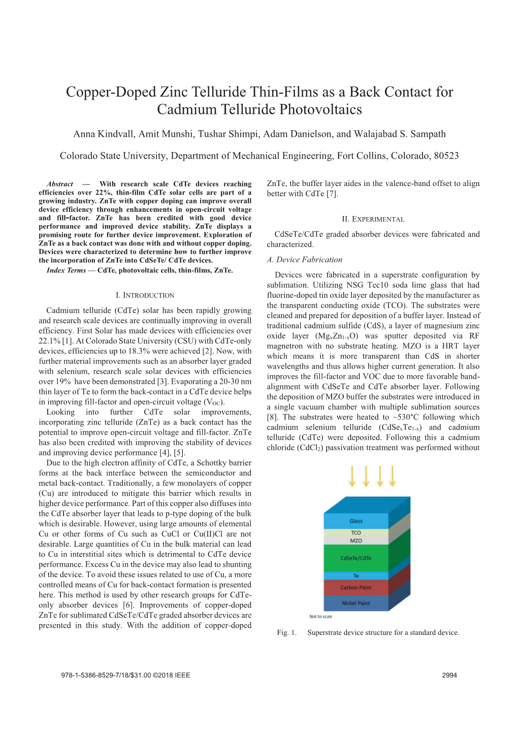 Copper-Doped Zinc Telluride Thin-Films As a Back Contact for Cadmium Telluride Photovoltaics