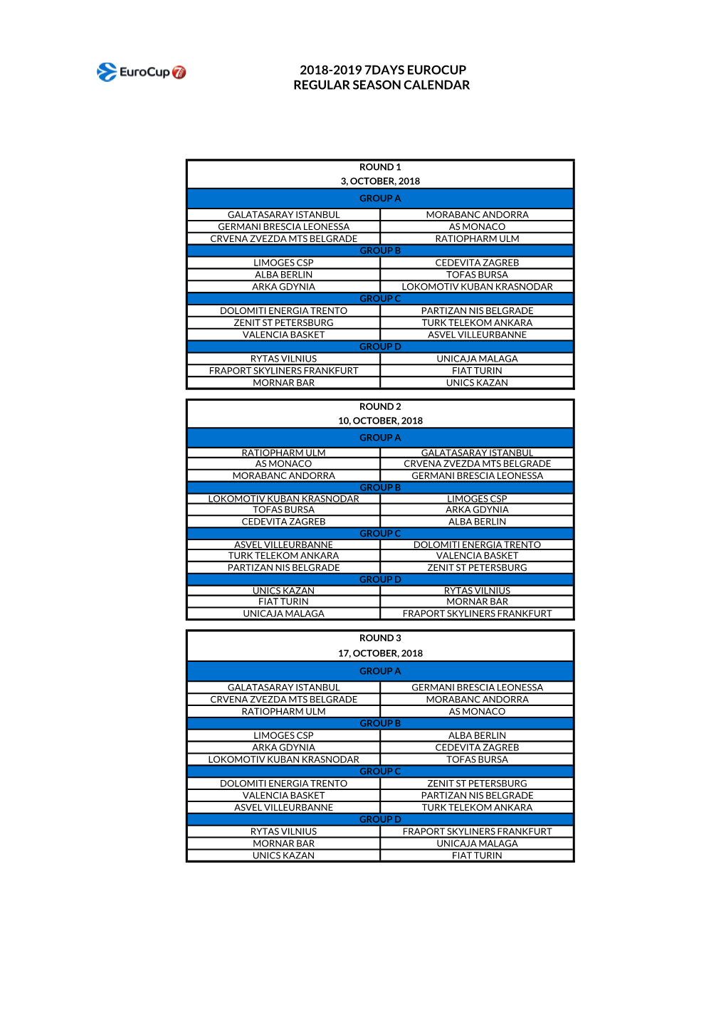 2018-2019 7Days Eurocup Regular Season Calendar