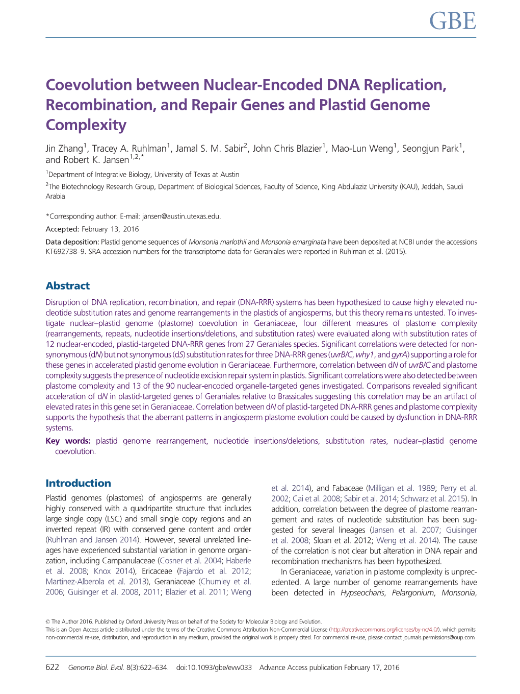 Coevolution Between Nuclear-Encoded DNA Replication, Recombination, and Repair Genes and Plastid Genome Complexity