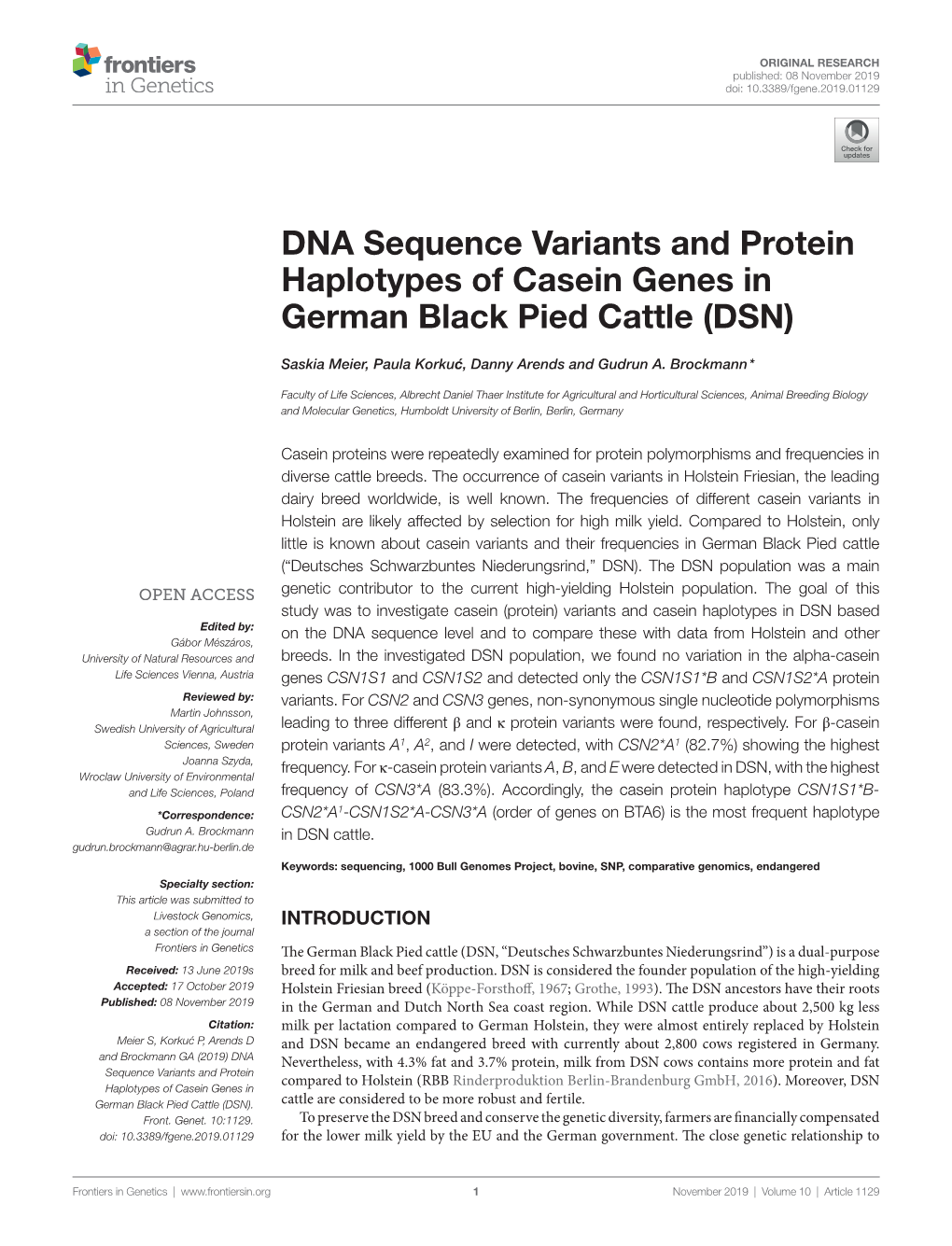 DNA Sequence Variants and Protein Haplotypes of Casein Genes in German Black Pied Cattle (DSN)