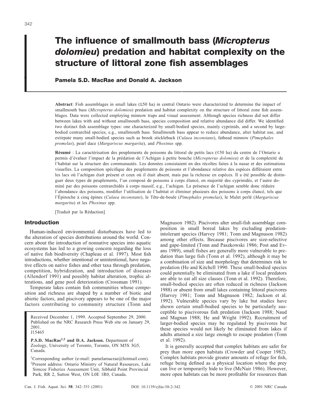 The Influence of Smallmouth Bass (Micropterus Dolomieu) Predation and Habitat Complexity on the Structure of Littoral Zone Fish Assemblages