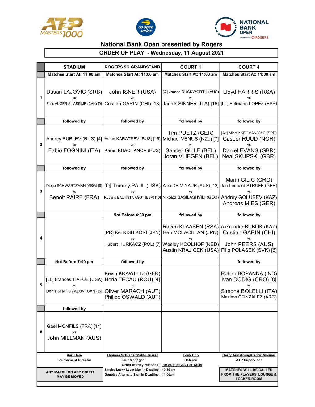 National Bank Open Presented by Rogers ORDER of PLAY - Wednesday, 11 August 2021