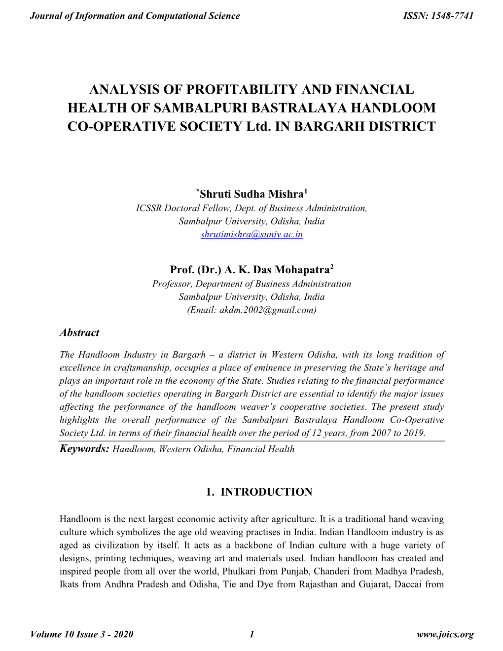 ANALYSIS of PROFITABILITY and FINANCIAL HEALTH of SAMBALPURI BASTRALAYA HANDLOOM CO-OPERATIVE SOCIETY Ltd. in BARGARH DISTRICT
