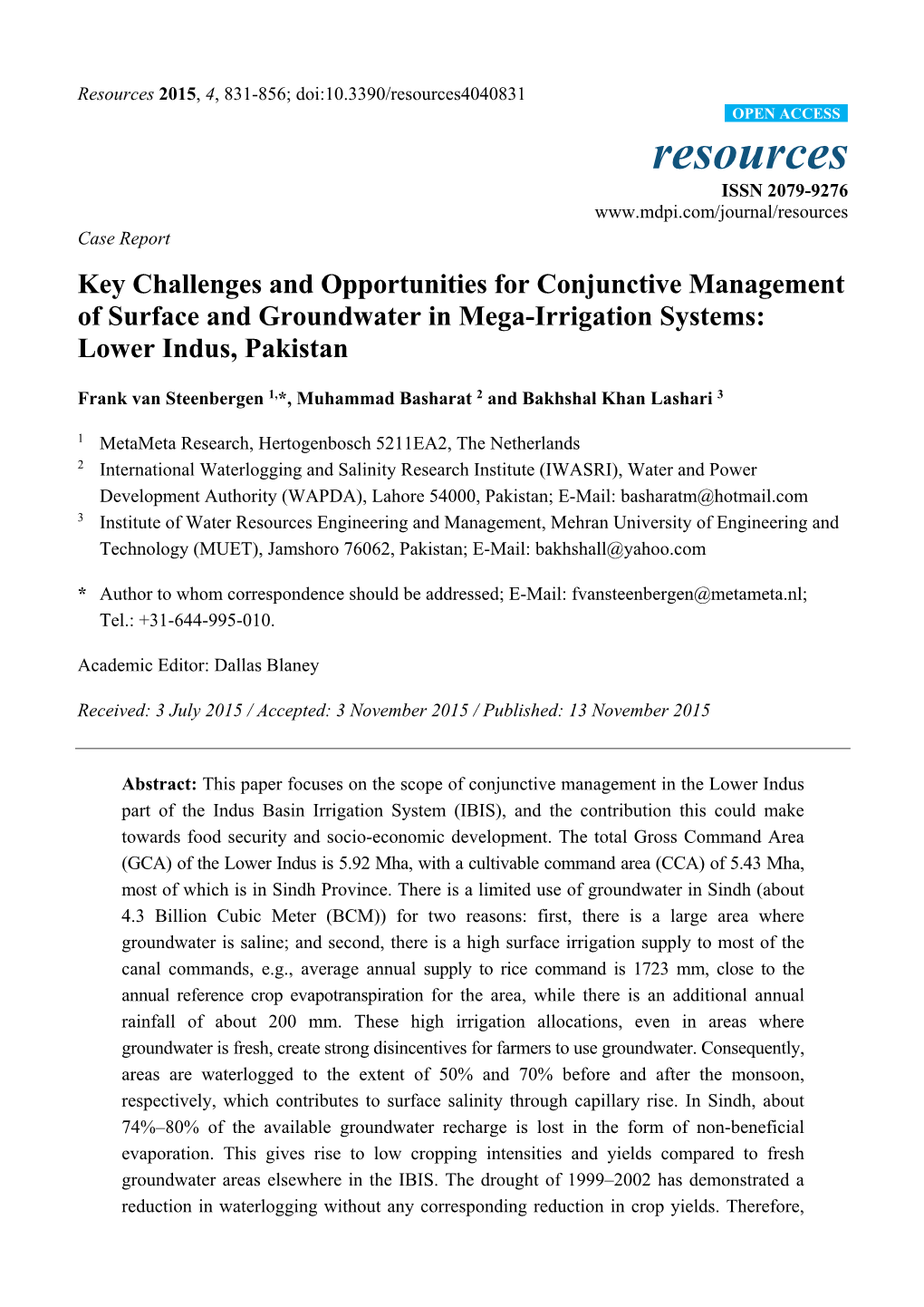 Key Challenges and Opportunities for Conjunctive Management of Surface and Groundwater in Mega-Irrigation Systems: Lower Indus, Pakistan