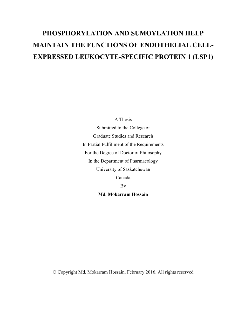 Phosphorylation and Sumoylation Help Maintain the Functions of Endothelial Cell- Expressed Leukocyte-Specific Protein 1 (Lsp1)