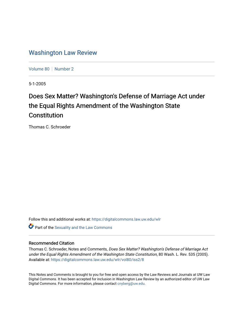 Washington's Defense of Marriage Act Under the Equal Rights Amendment of the Washington State Constitution
