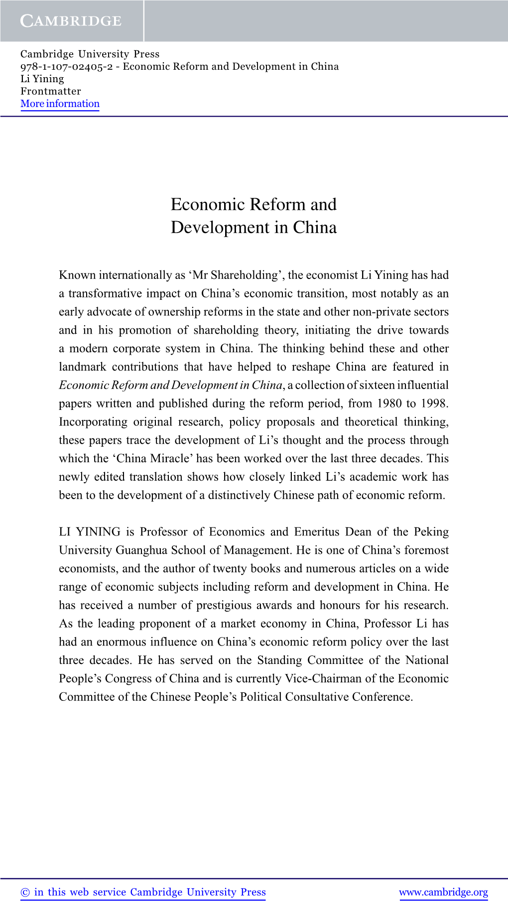 Economic Reform and Development in China Li Yining Frontmatter More Information