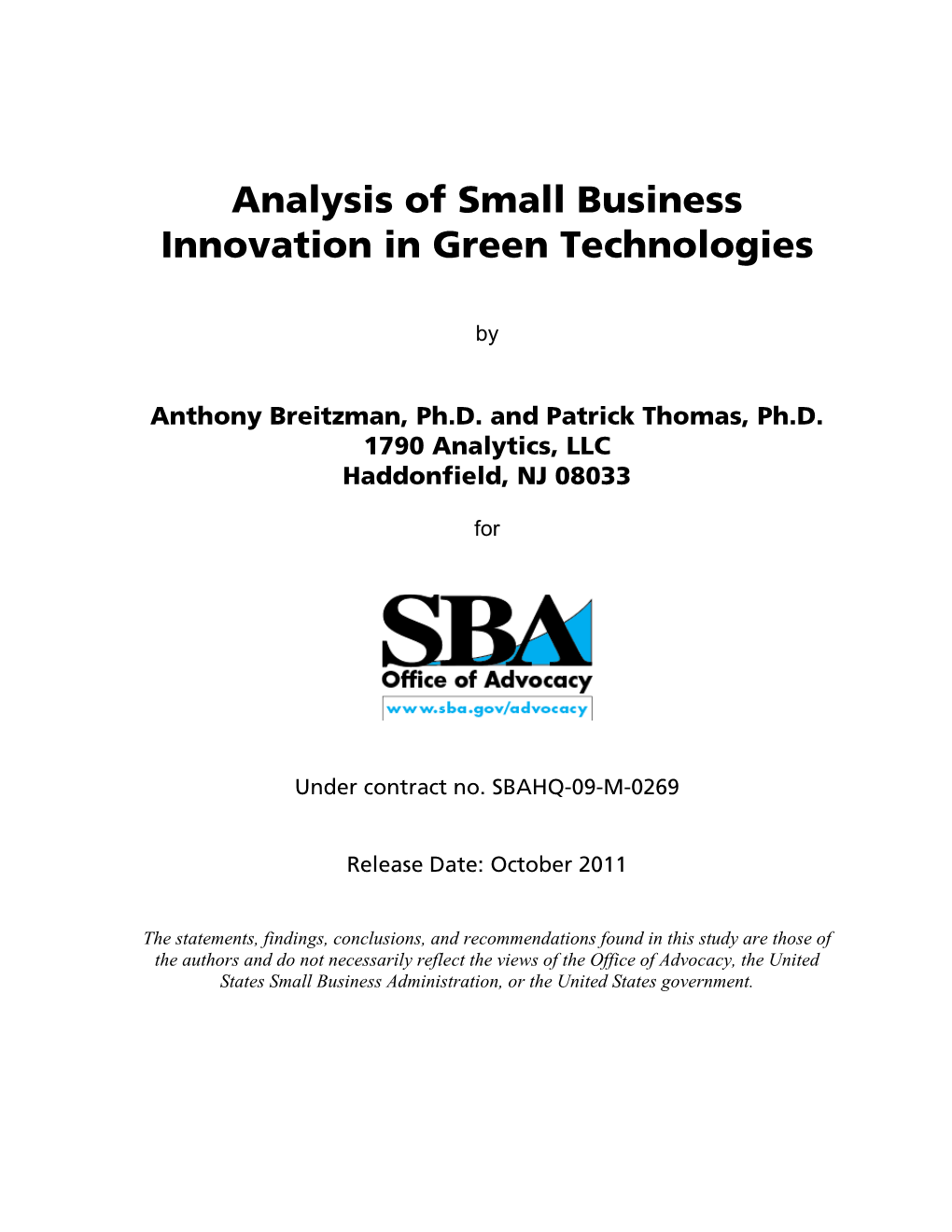 Analysis of Small Business Innovation in Green Technologies