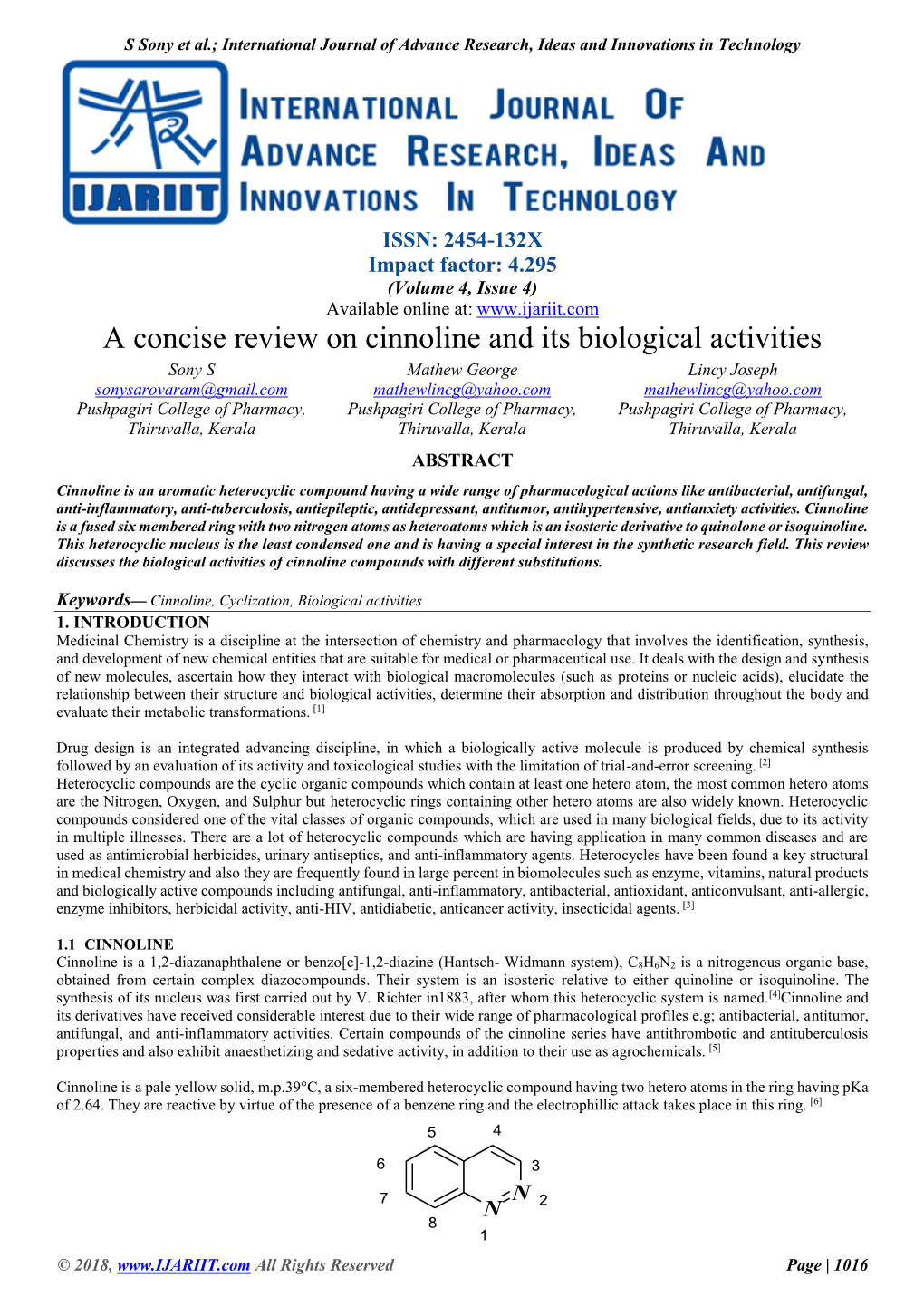 A Concise Review on Cinnoline and Its Biological Activities