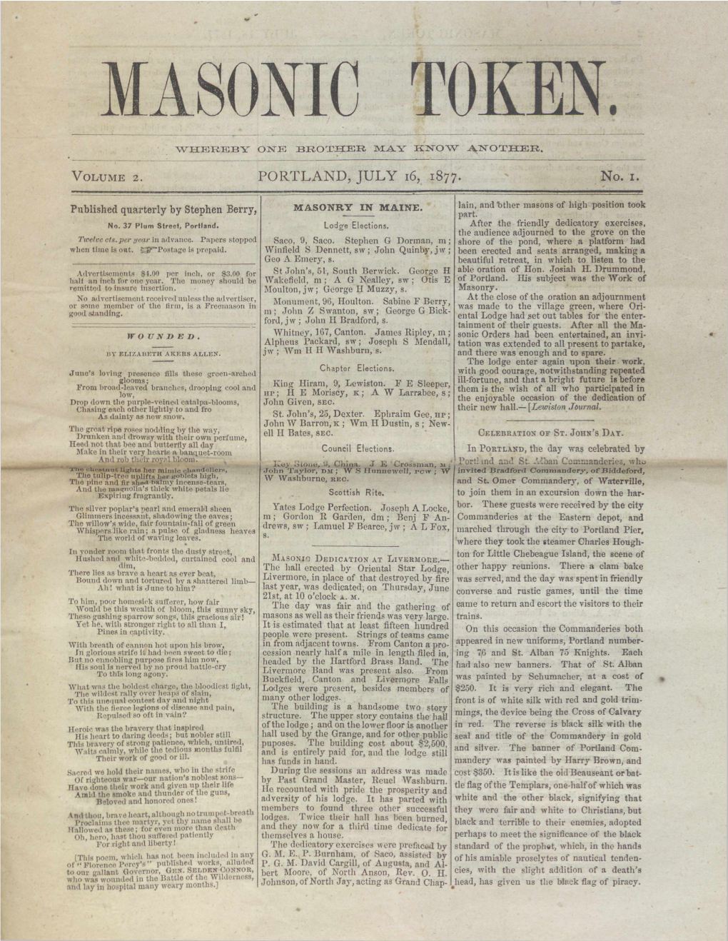 Masonic Token: July 16, 1877