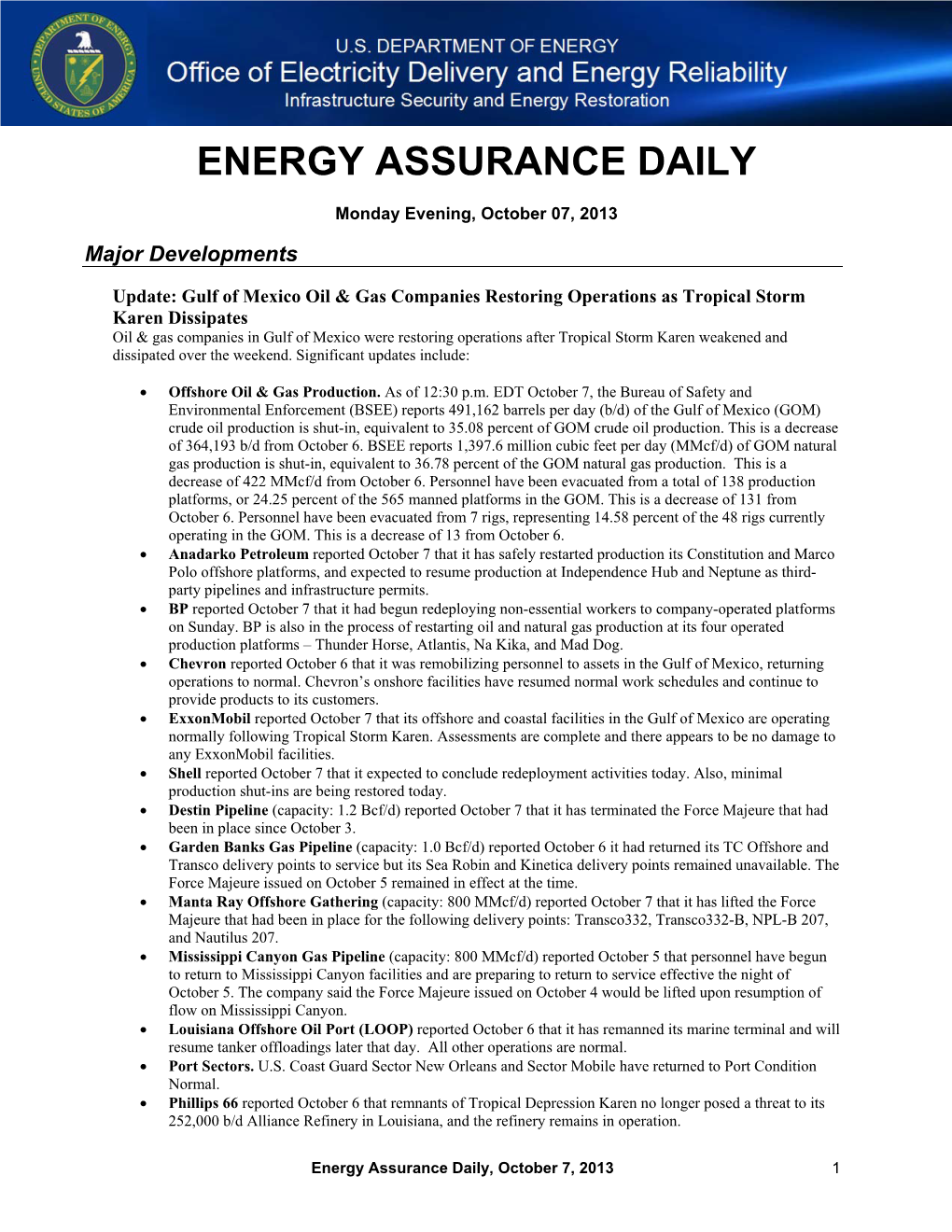 Energy Assurance Daily