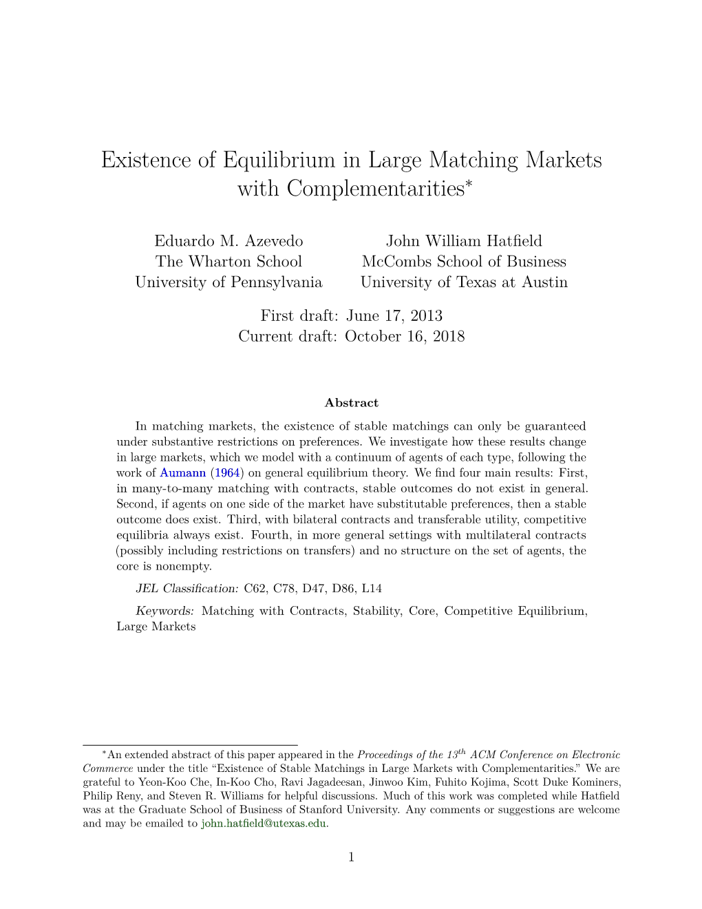 Existence of Equilibrium in Large Matching Markets with Complementarities∗