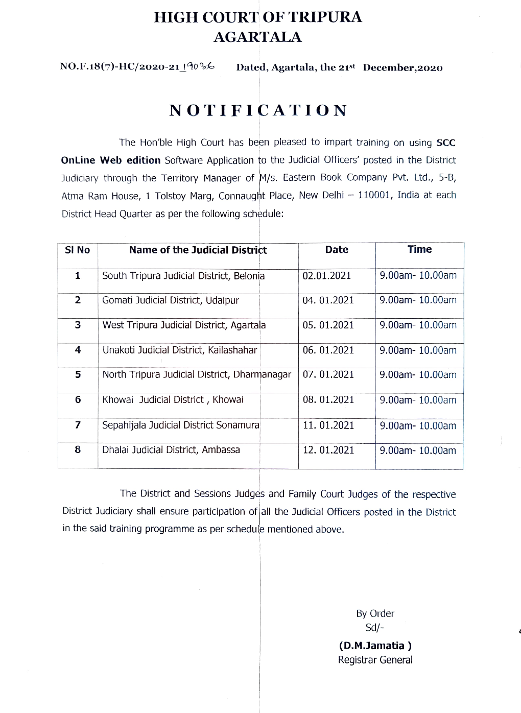 NOTIFICATION Unakoti Judicial District, Kailashahar