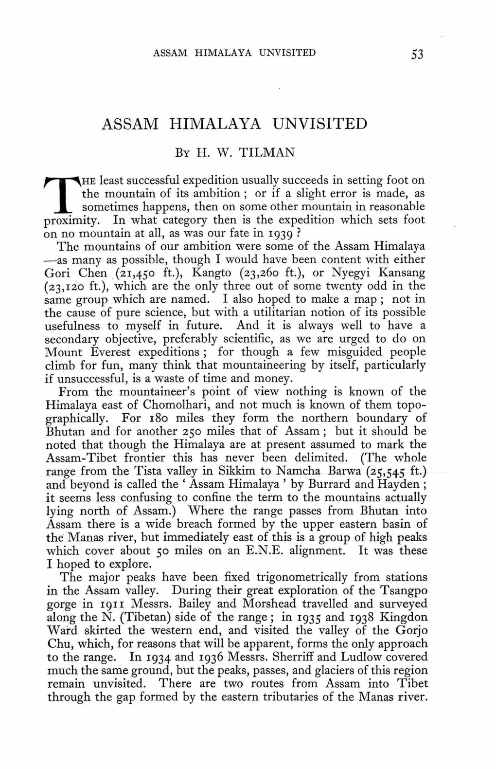 ASSAM HIMALAYA UNVISITED. H. W. Tilman