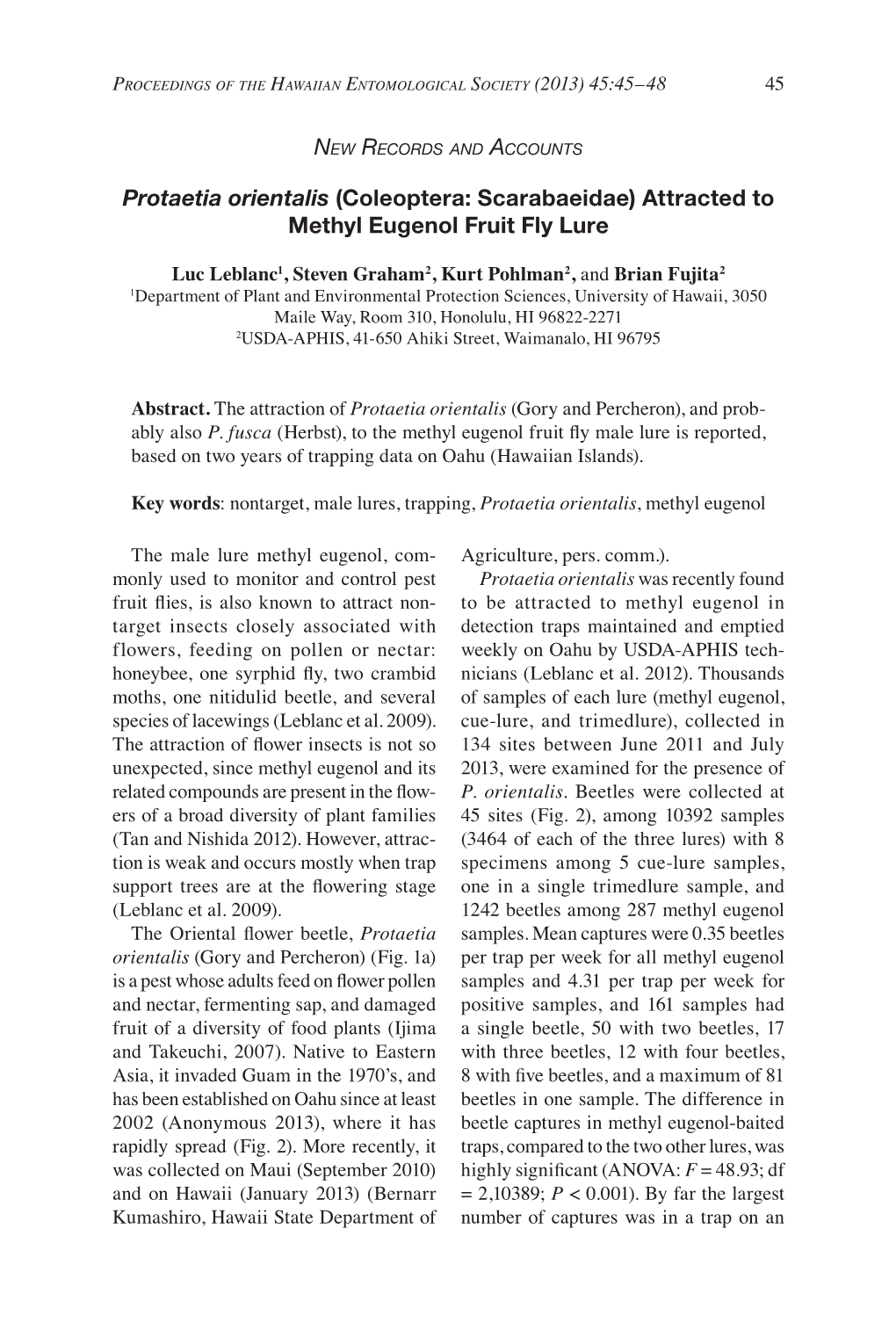 Protaetia Orientalis (Coleoptera: Scarabaeidae) Attracted to Methyl Eugenol Fruit Fly Lure