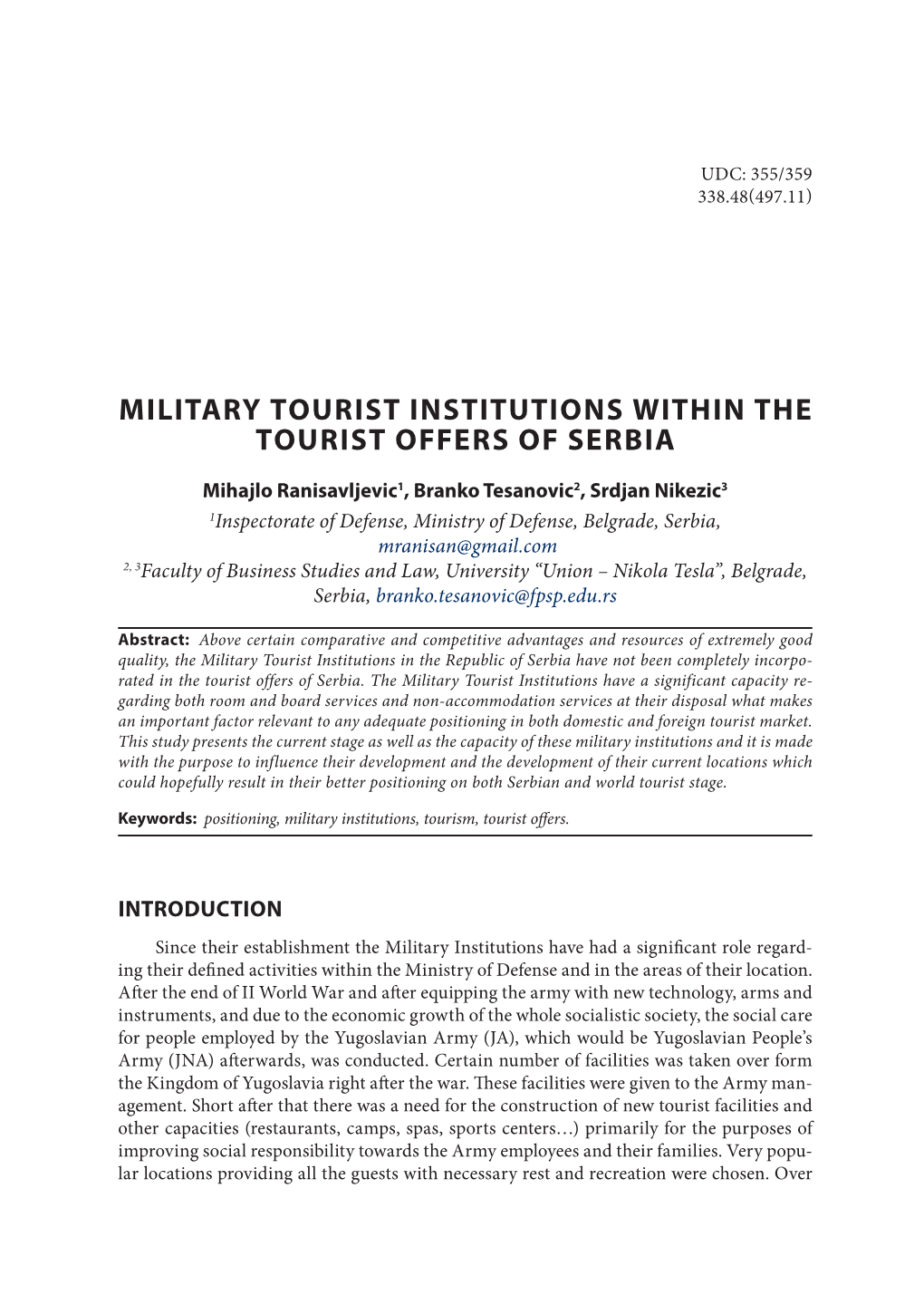 Military Tourist Institutions Within the Tourist Offers of Serbia