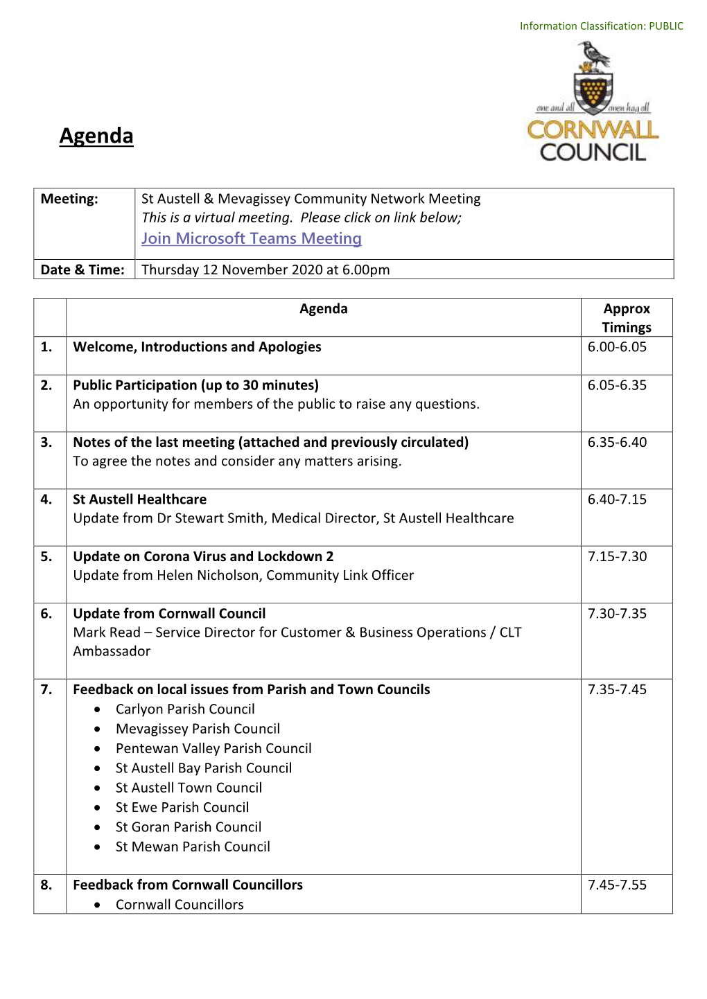 St Austell & Mevagissey Community Network Meeting Agenda 121120