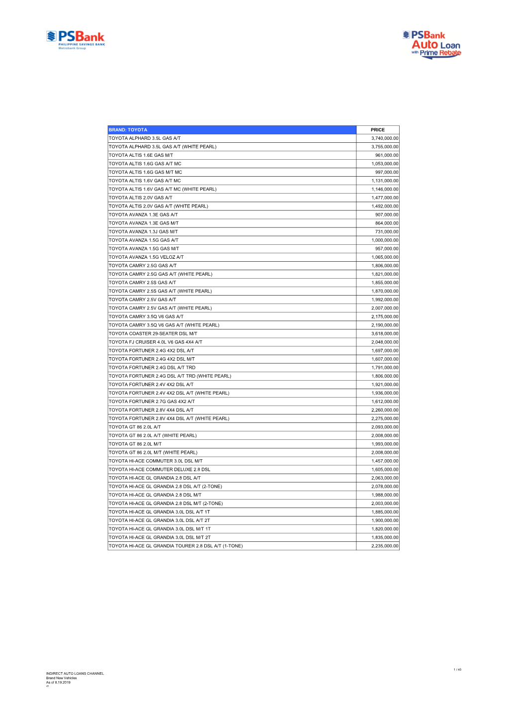 Auto Pricelist 2019 8 19 Isuzu, Mitsubishi, Foton