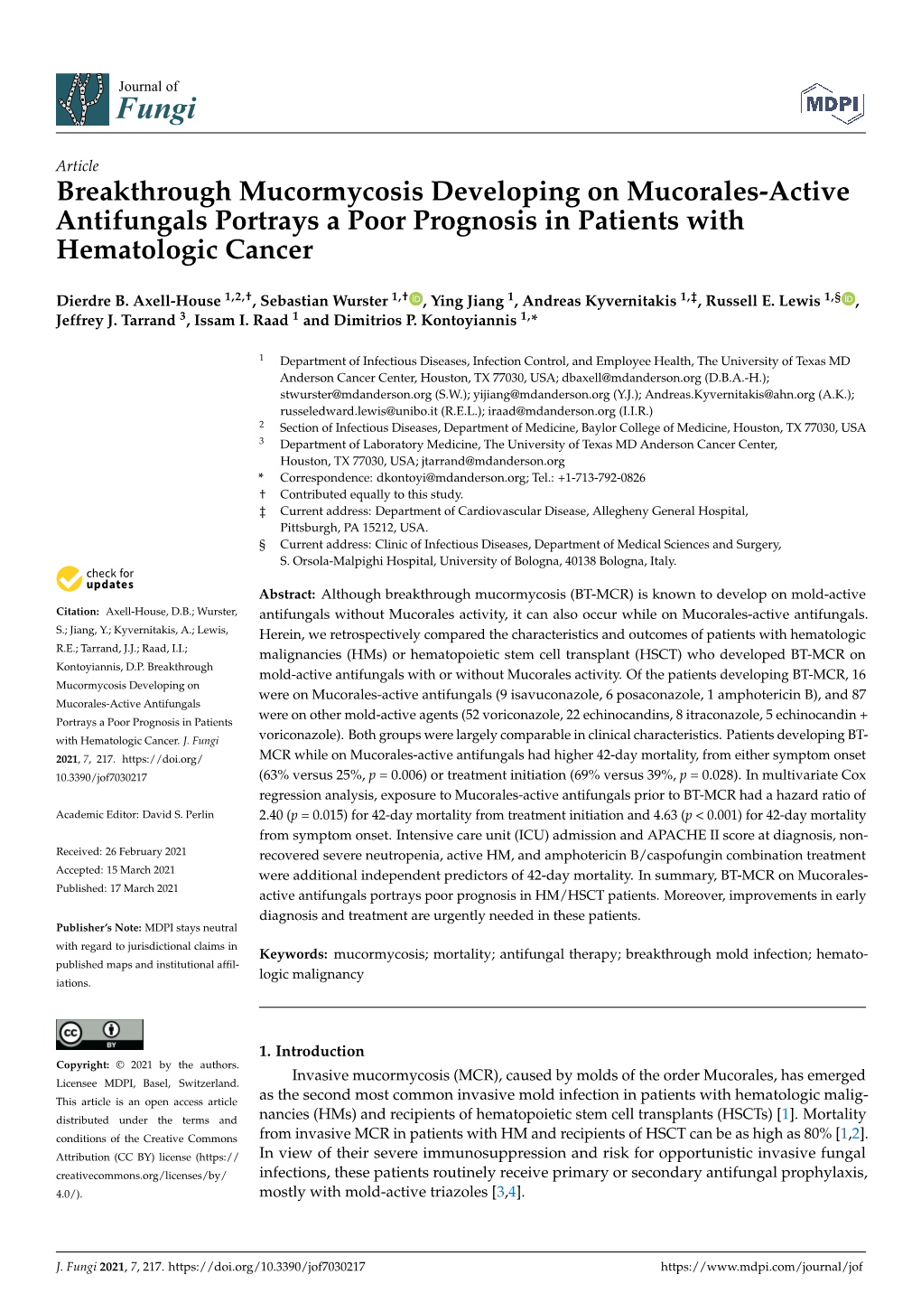 Breakthrough Mucormycosis Developing on Mucorales-Active Antifungals Portrays a Poor Prognosis in Patients with Hematologic Cancer