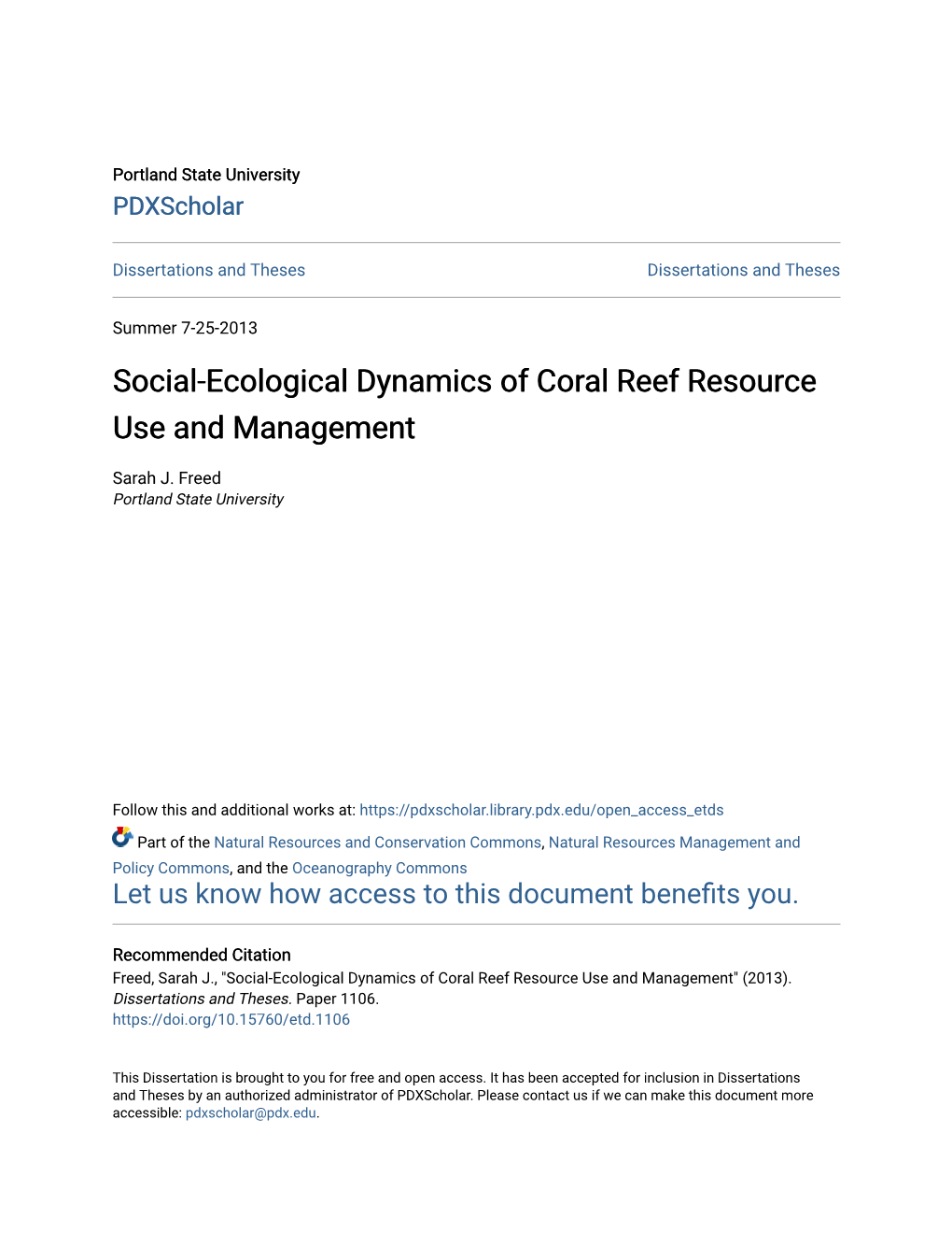 Social-Ecological Dynamics of Coral Reef Resource Use and Management