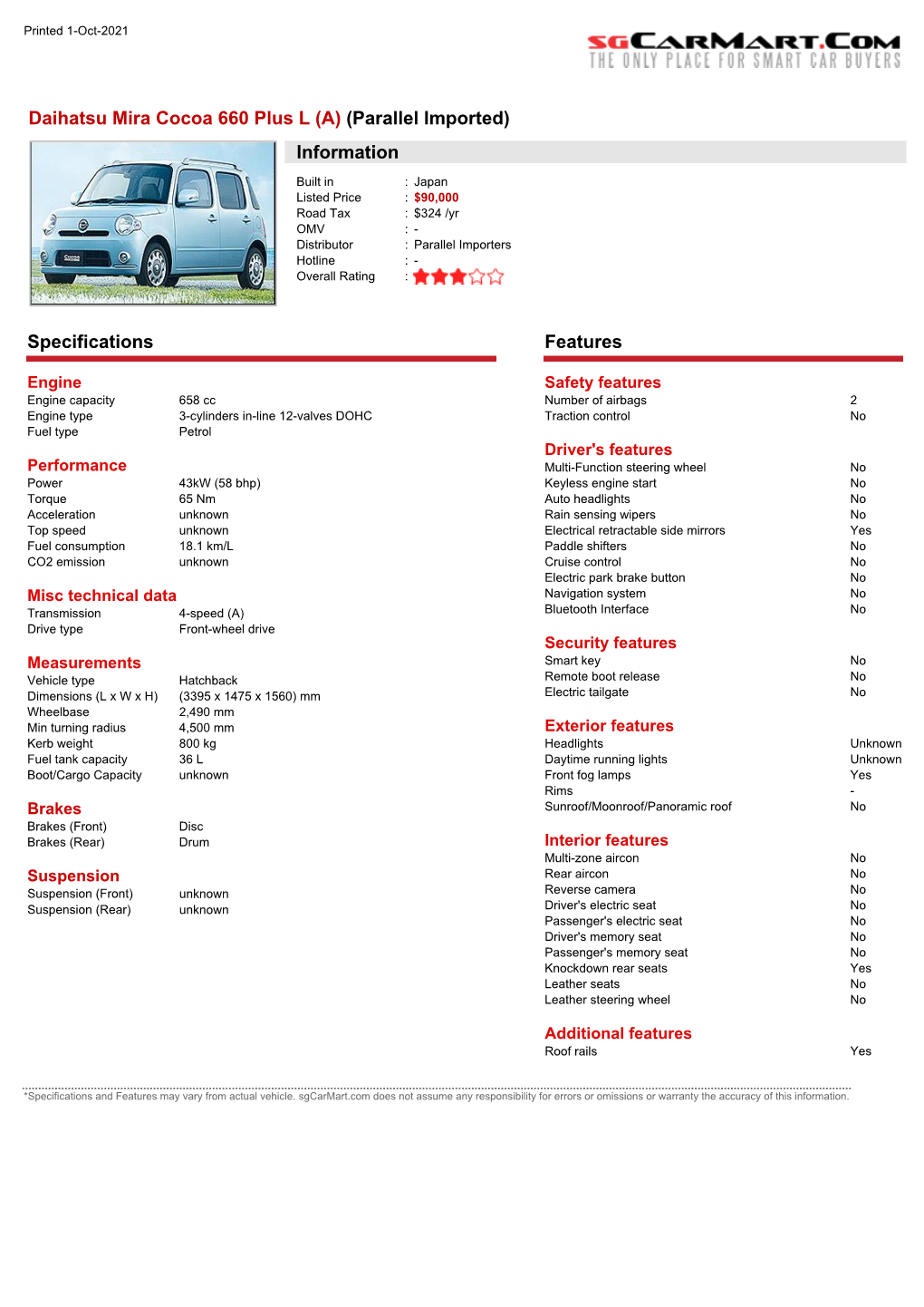 Daihatsu Mira Cocoa 660 Plus L (A) (Parallel Imported) Information