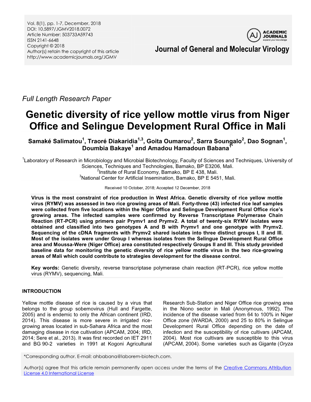 Genetic Diversity of Rice Yellow Mottle Virus from Niger Office and Selingue Development Rural Office in Mali