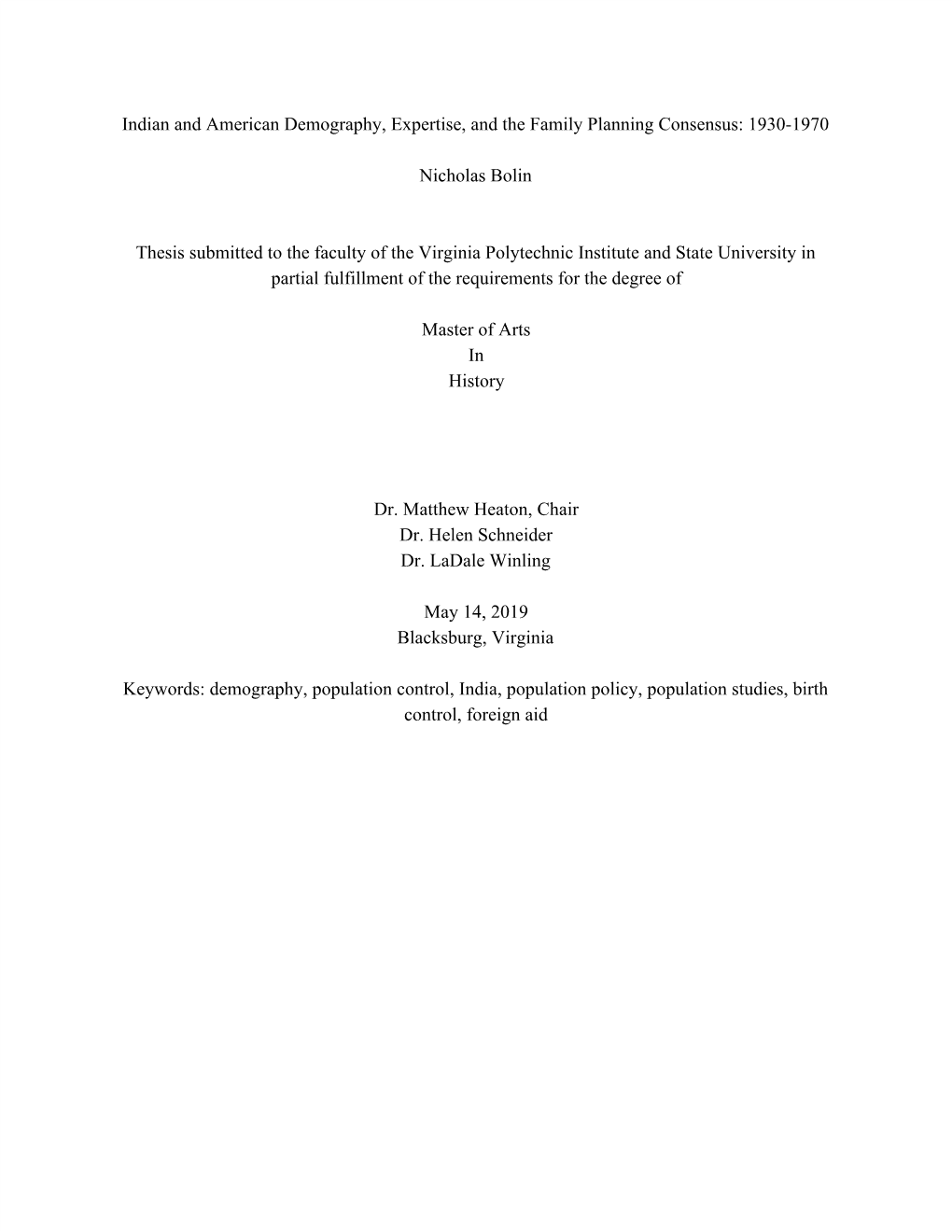 Indian and American Demography, Expertise, and the Family Planning Consensus: 1930-1970