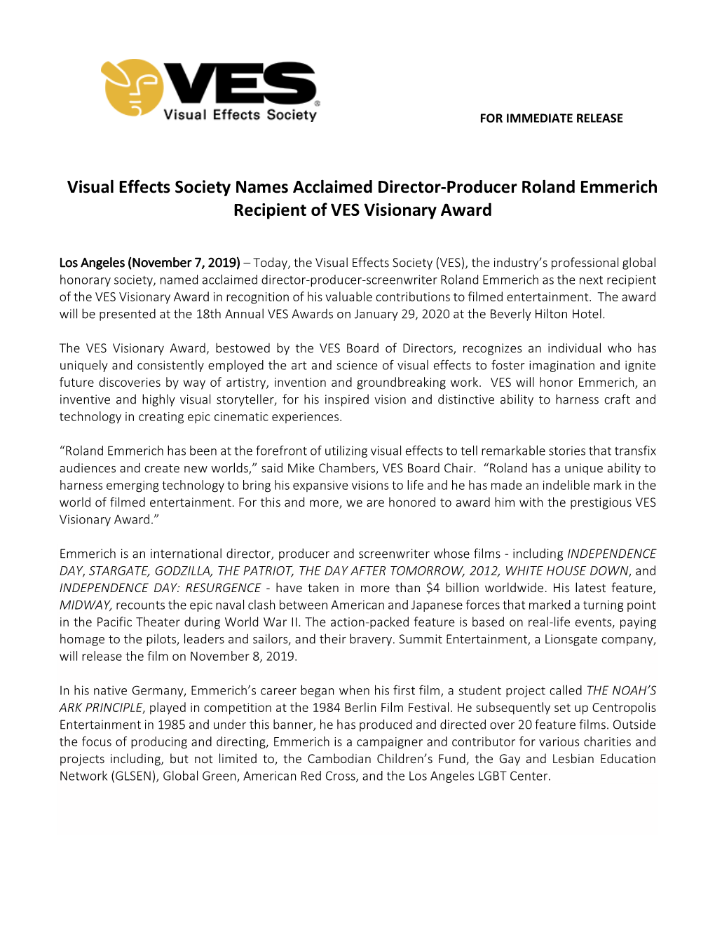 Visual Effects Society Names Acclaimed Director-Producer Roland Emmerich Recipient of VES Visionary Award