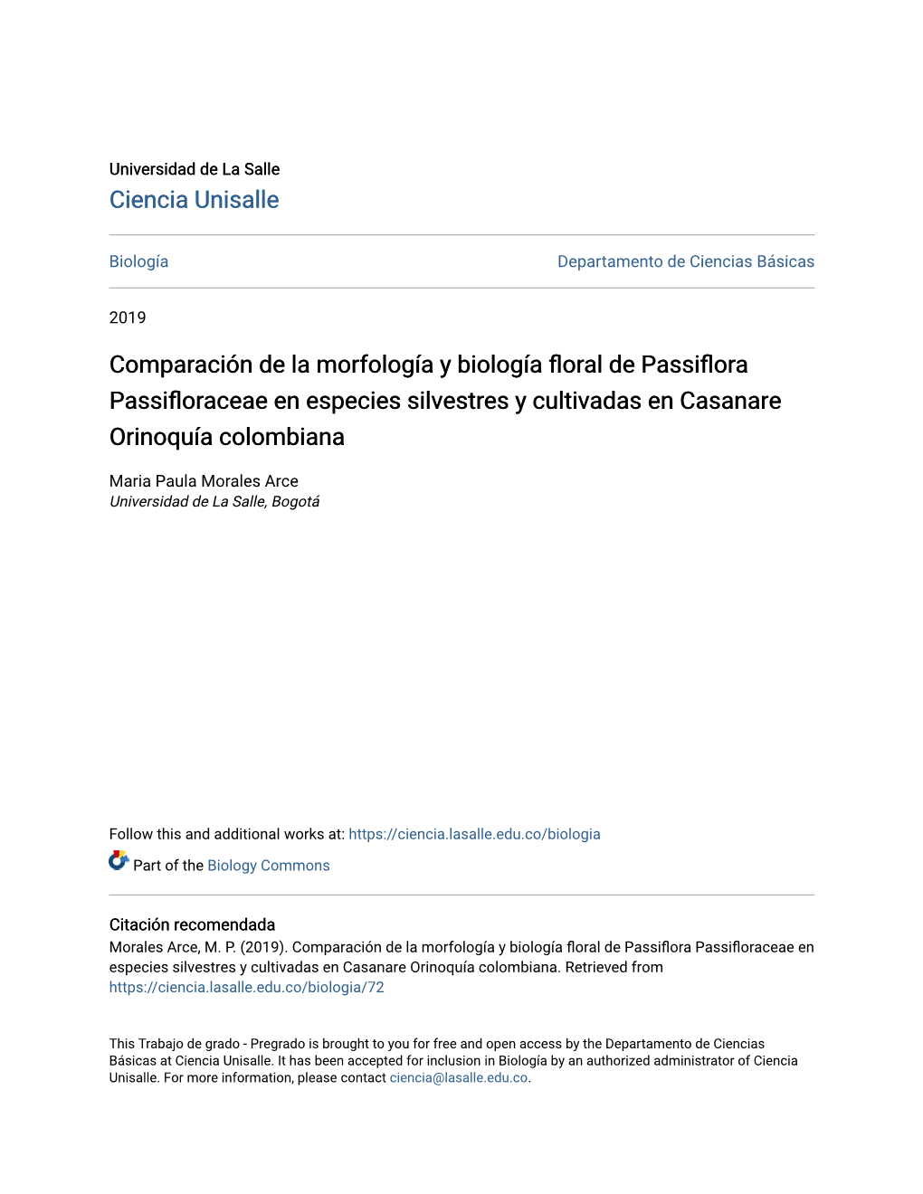 Comparación De La Morfología Y Biología Floral De Passiflora Passifloraceae En Especies Silvestres Y Cultivadas En Casanare Orinoquía Colombiana