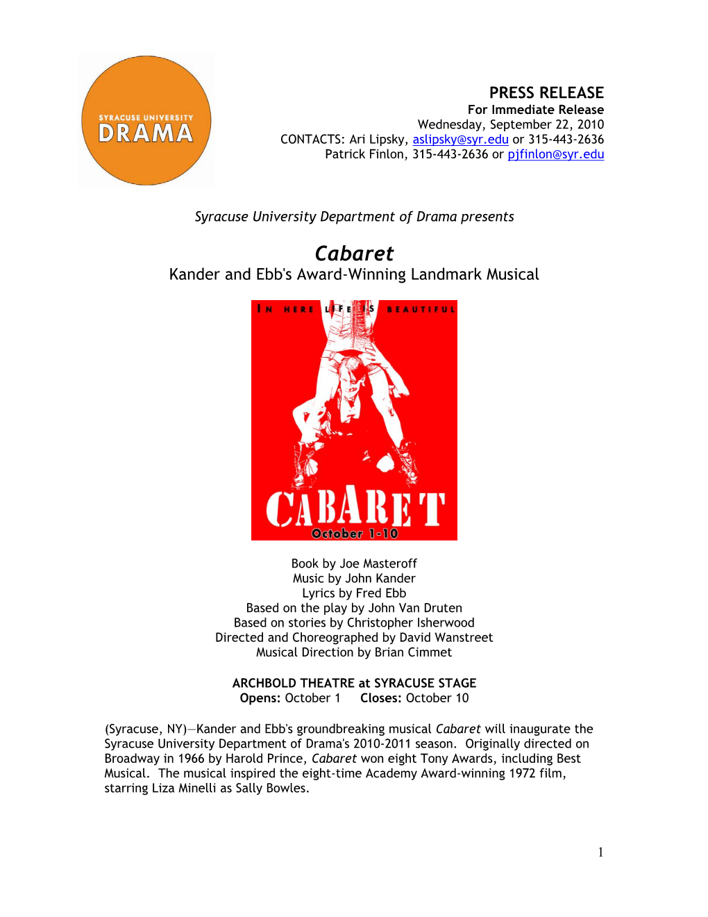 Cabaret Kander and Ebb's Award-Winning Landmark Musical