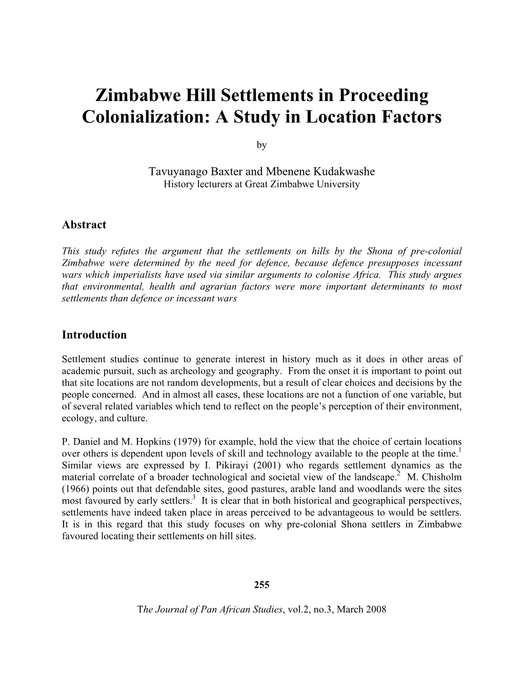Zimbabwe Hill Settlements in Proceeding Colonialization: a Study in Location Factors