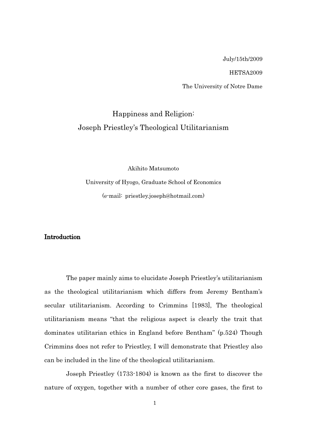 Happiness and Religion: Joseph Priestley‟S Theological Utilitarianism