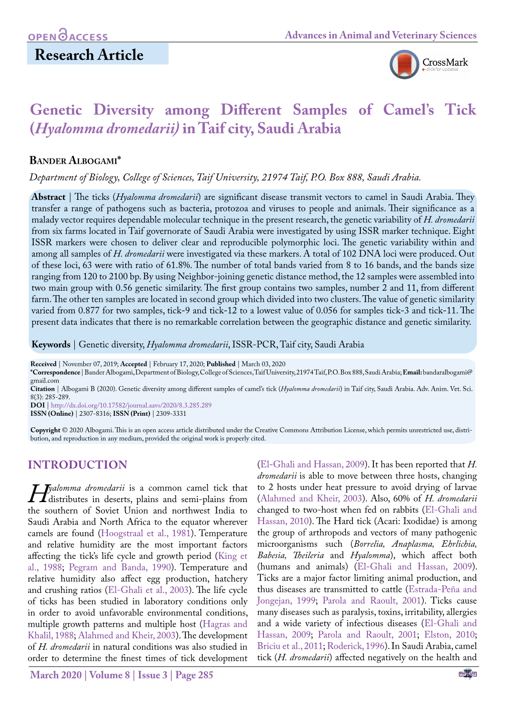 Research Article Genetic Diversity Among Different Samples of Camel's Tick (Hyalomma Dromedarii) in Taif City, Saudi Arabia