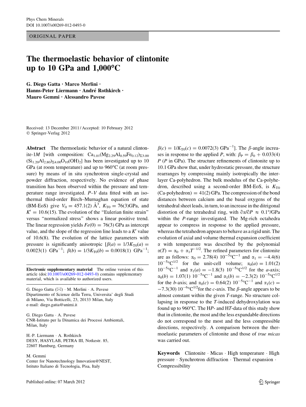 The Thermoelastic Behavior of Clintonite up to 10 Gpa and 1,000°C