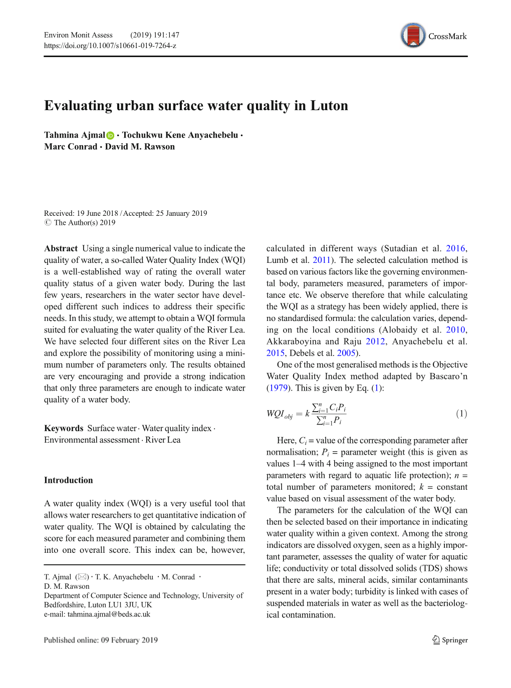 Evaluating Urban Surface Water Quality in Luton