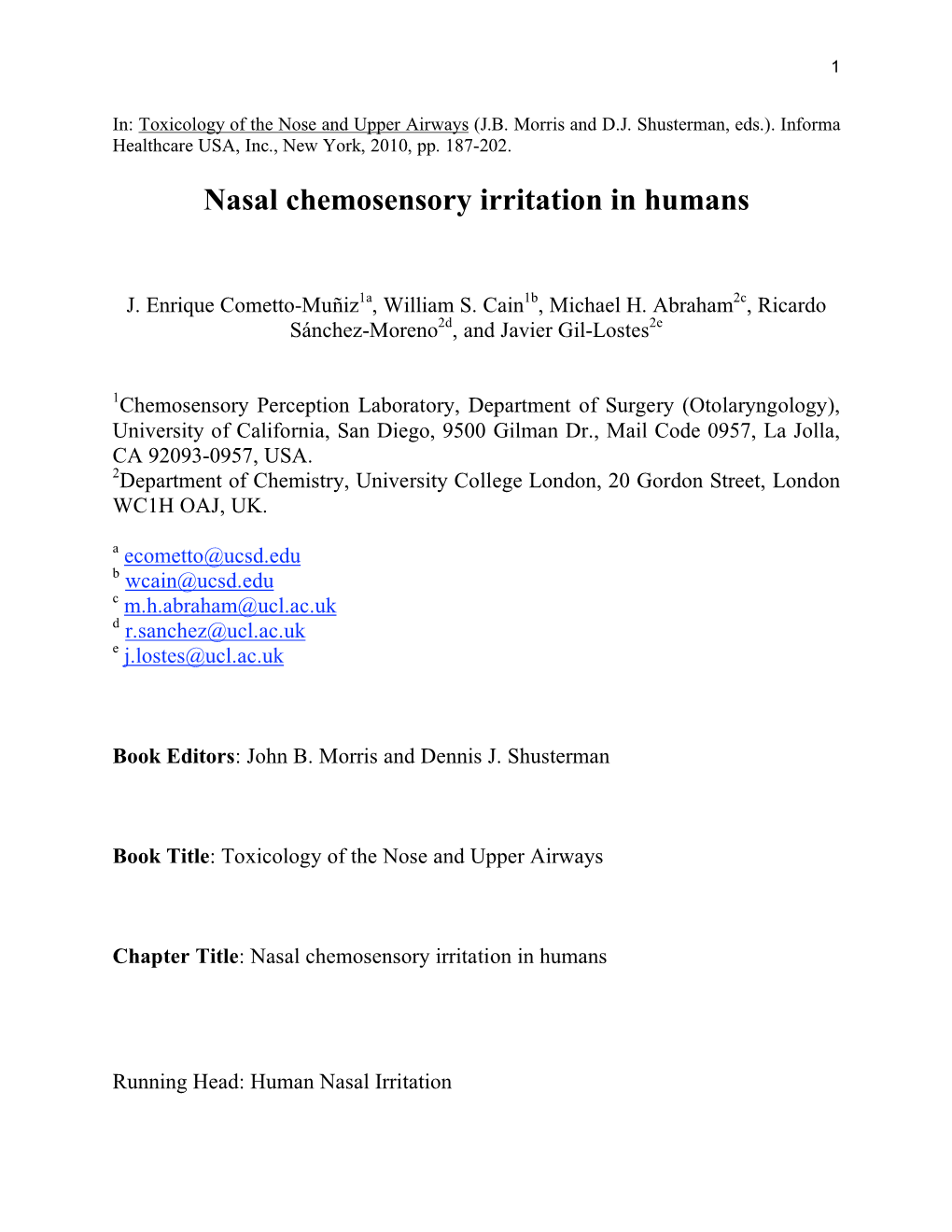 Nasal Chemosensory Irritation in Humans