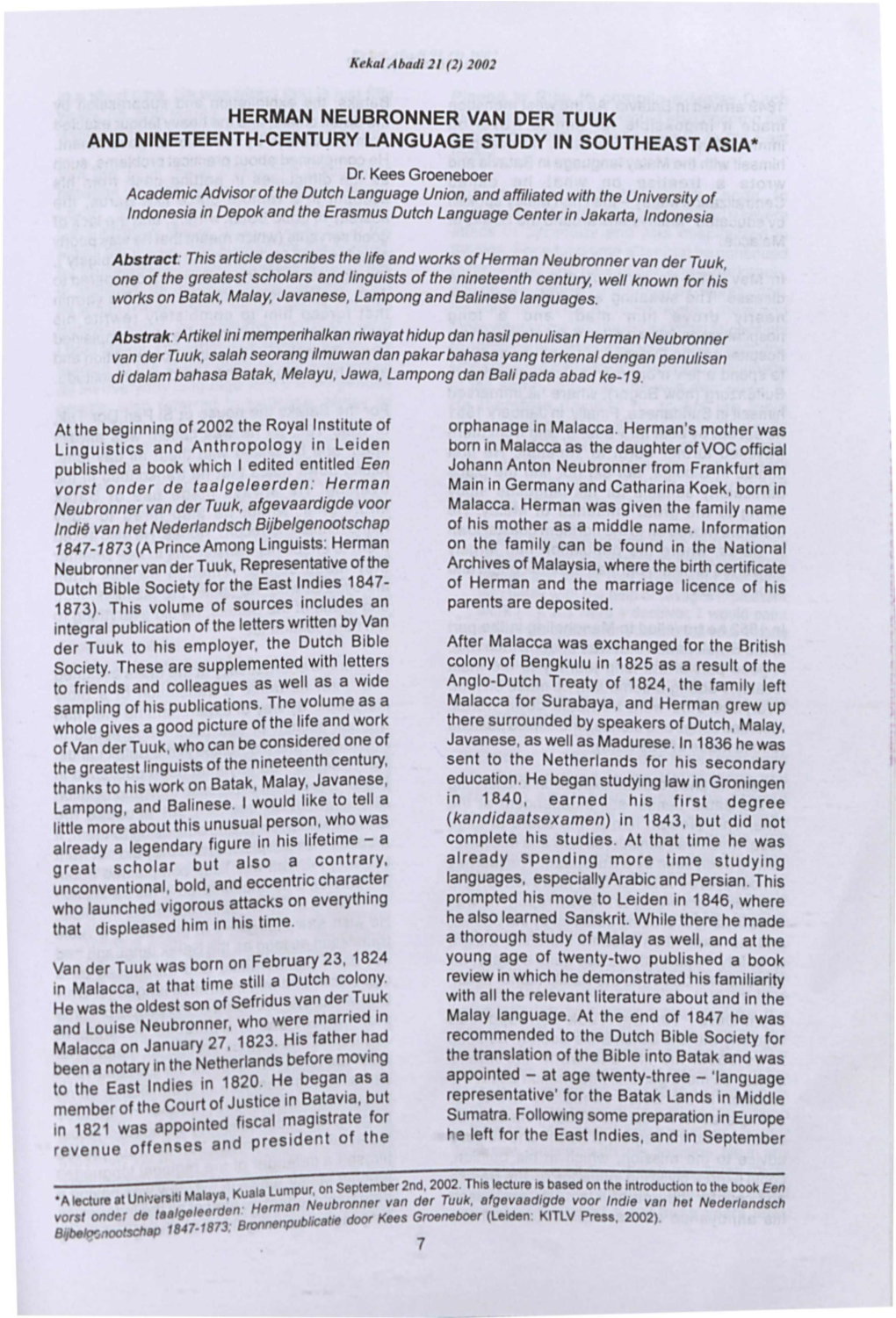 Herman Neubronner Van Der Tuuk and Nineteenth-Century Language Study in Southeast Asia·