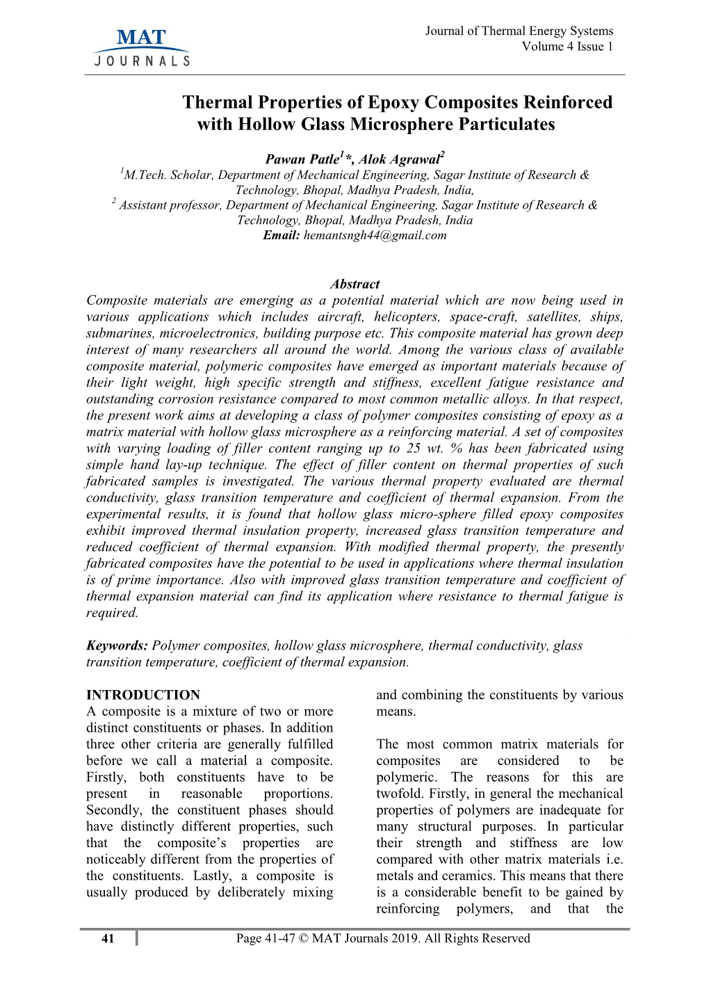 Thermal Properties of Epoxy Composites Reinforced with Hollow Glass Microsphere Particulates