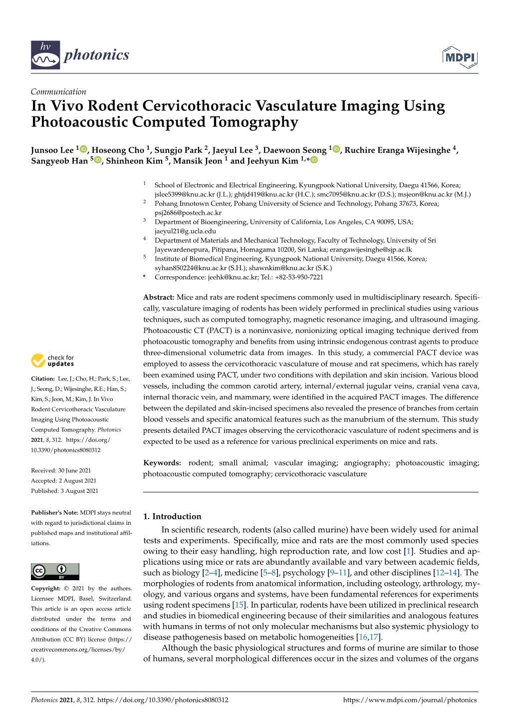 In Vivo Rodent Cervicothoracic Vasculature Imaging Using Photoacoustic Computed Tomography