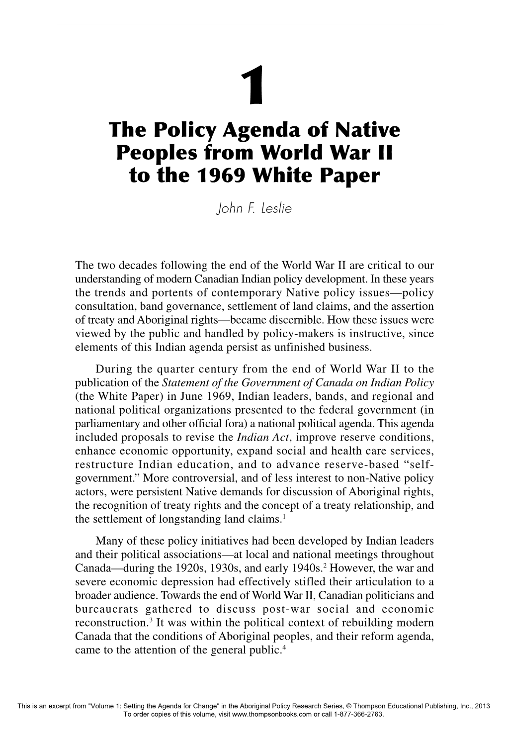 The Policy Agenda of Native Peoples from World War II to the 1969 White Paper